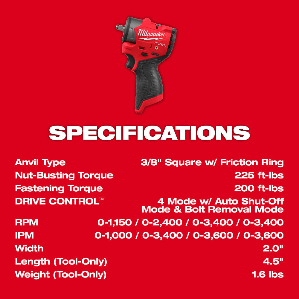 Milwaukee 3049-20 M12 FUEL Cordless Brushless 3/8in Subcompact Impact Driver with Friction Ring (Tool Only)
