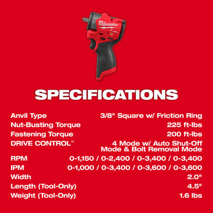 Milwaukee 3049-20 M12 FUEL Cordless Brushless 3/8in Subcompact Impact Driver with Friction Ring (Tool Only)