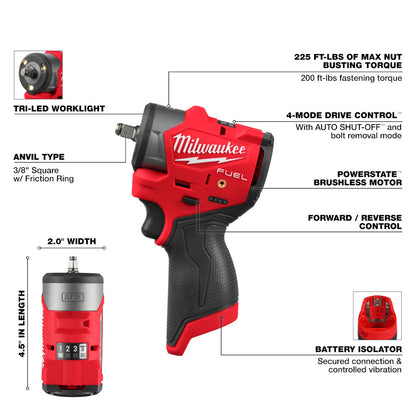 Milwaukee 3049-20 M12 FUEL Cordless Brushless 3/8in Subcompact Impact Driver with Friction Ring (Tool Only)