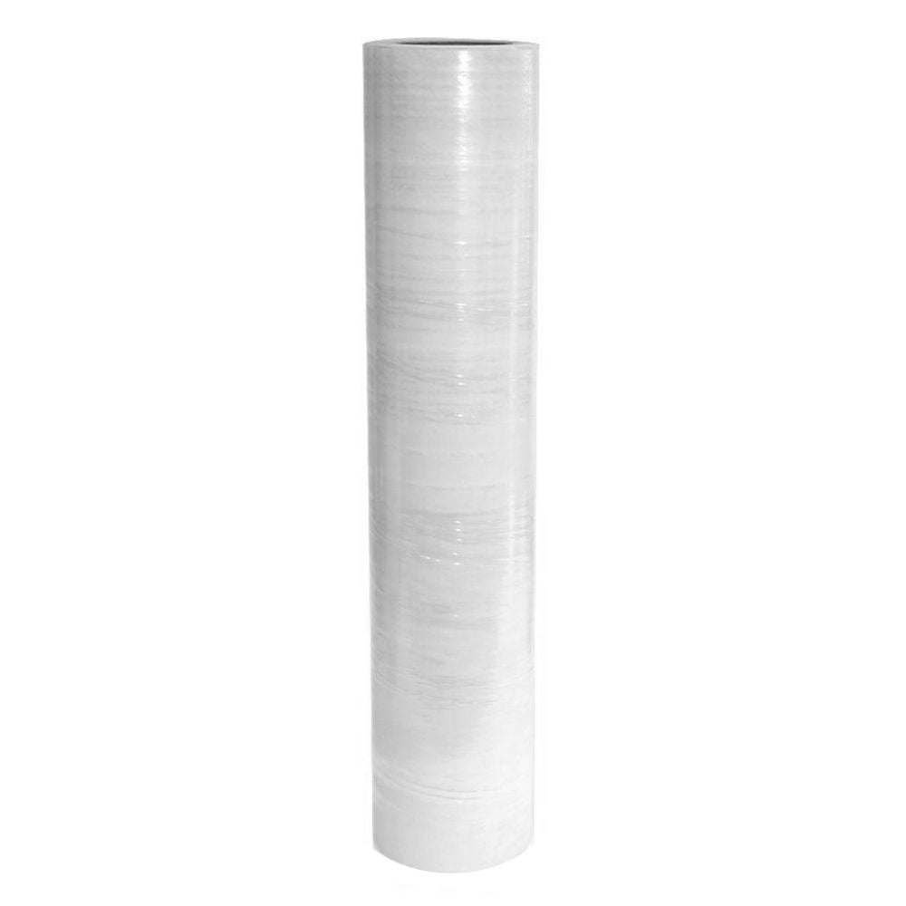 Large 48-inch wide roll of clear 30A80 reverse wound carpet protection film featuring 3MIL thickness and high-tack adhesive for temporary floor masking.