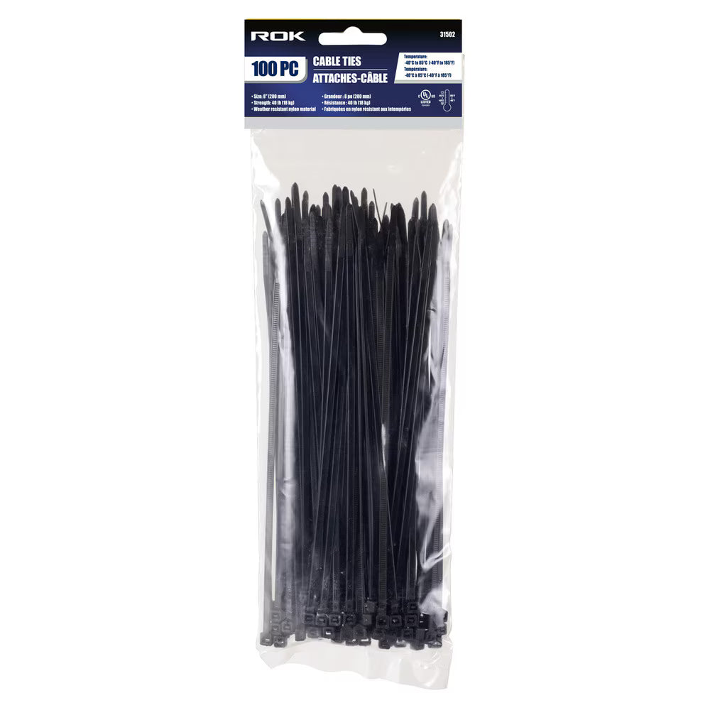 100 Pcs 8-Inch Black Nylon Cable Ties | Self-Locking Zip Ties for Wire & Cable Management
