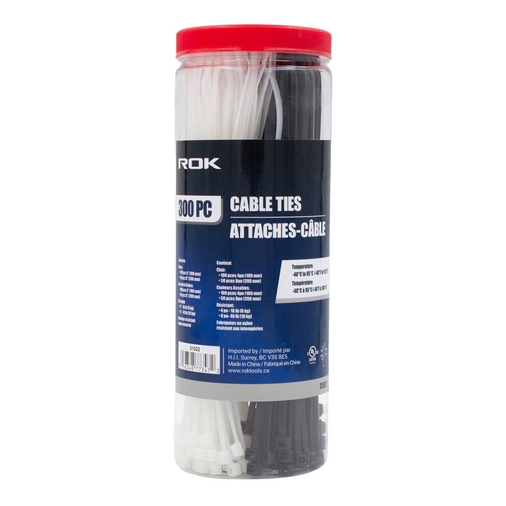 300-Piece Assorted Cable Tie Set, Clear and Black