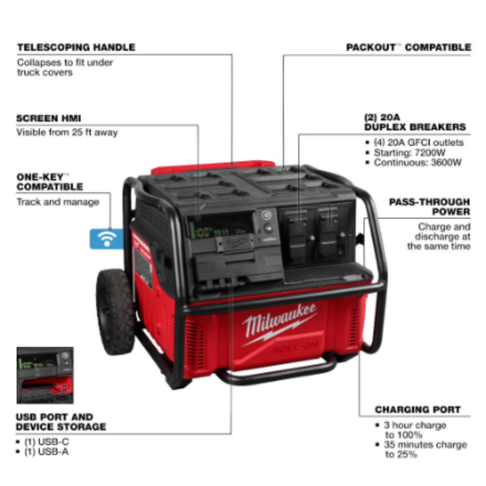 Milwaukee 3300R ROLL-ON 3600W/7200W 2.5kWh Lithium-Ion Battery Powered Push Start Power Station Battery Generator