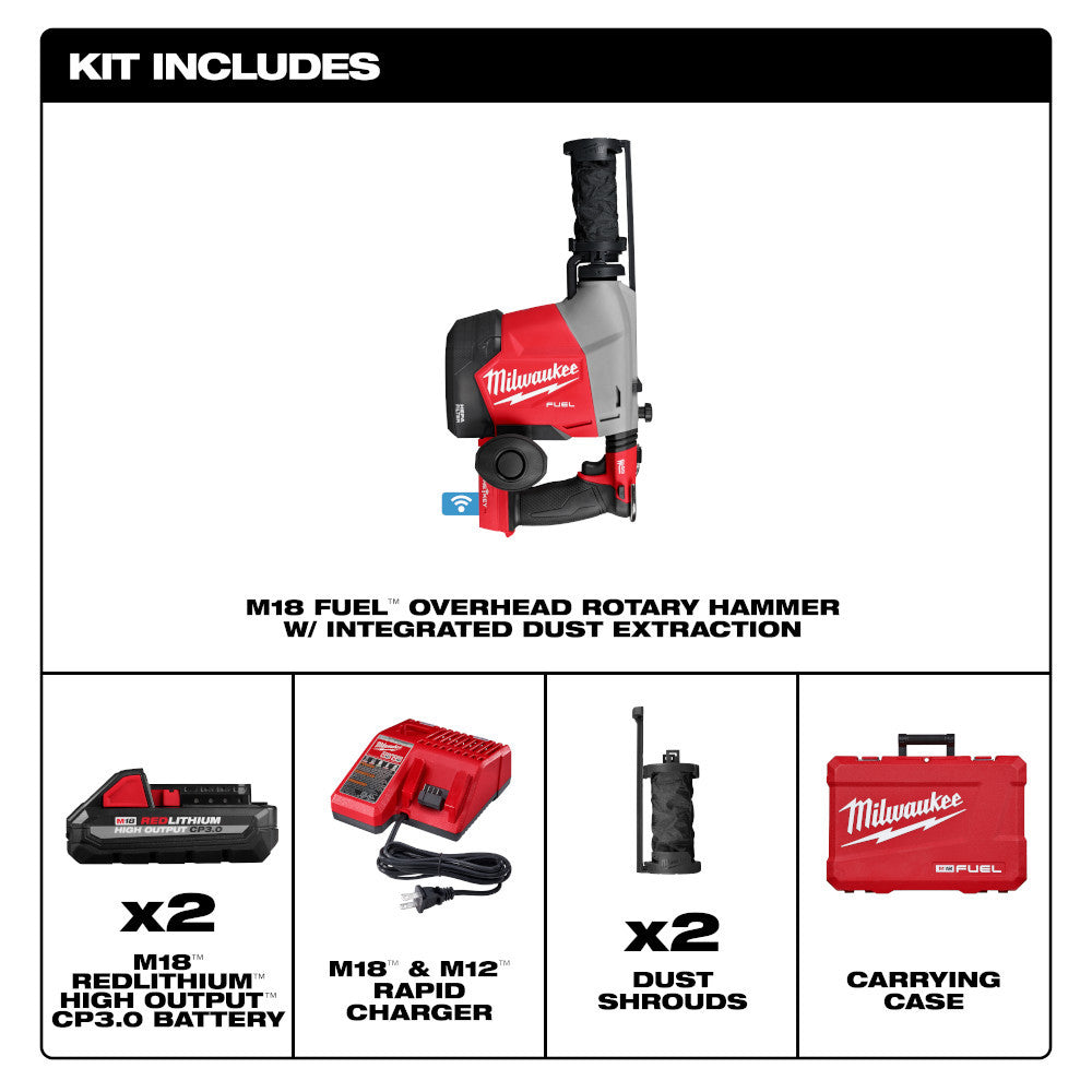 Milwaukee 3311-22 M18 FUEL Cordless Brushless Overhead 5/8in SDS Plus Rotary Hammer with Integrated Dust Extraction Kit