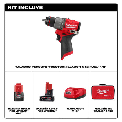 Milwaukee 3404-22 M12 FUEL Cordless Brushless 1/2in Hammer Drill/Driver Kit