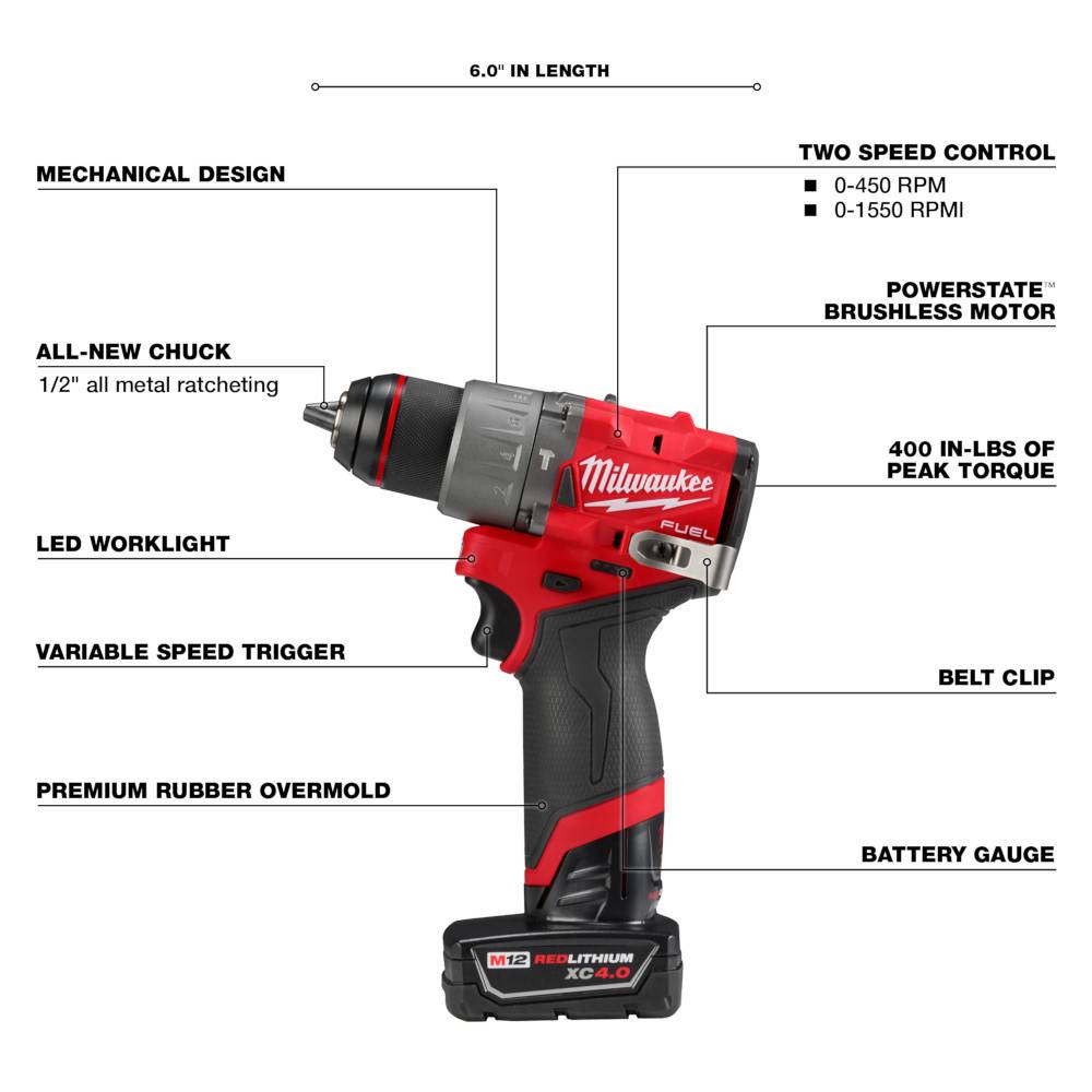 Milwaukee 3404-22 M12 FUEL Cordless Brushless 1/2in Hammer Drill/Driver Kit