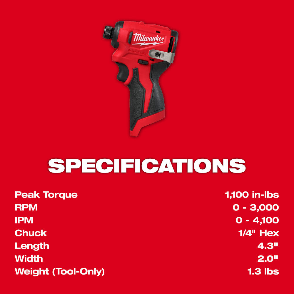 Milwaukee 3450-20 Tool 12V M12 Lithium-Ion Brushless Cordless 1/4" Hex Impact Driver (Tool-Only)