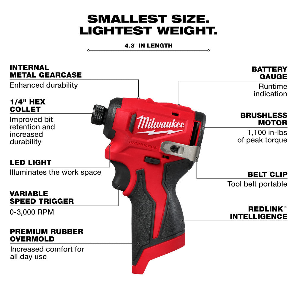 Milwaukee 3450-20 Tool 12V M12 Lithium-Ion Brushless Cordless 1/4" Hex Impact Driver (Tool-Only)
