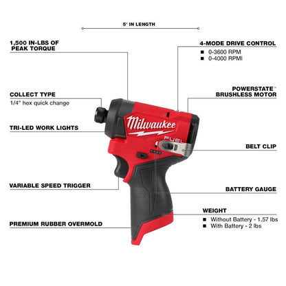 Milwaukee 3453-22 M12 FUEL Cordless Brushless 1/4in Hex Impact Driver Kit