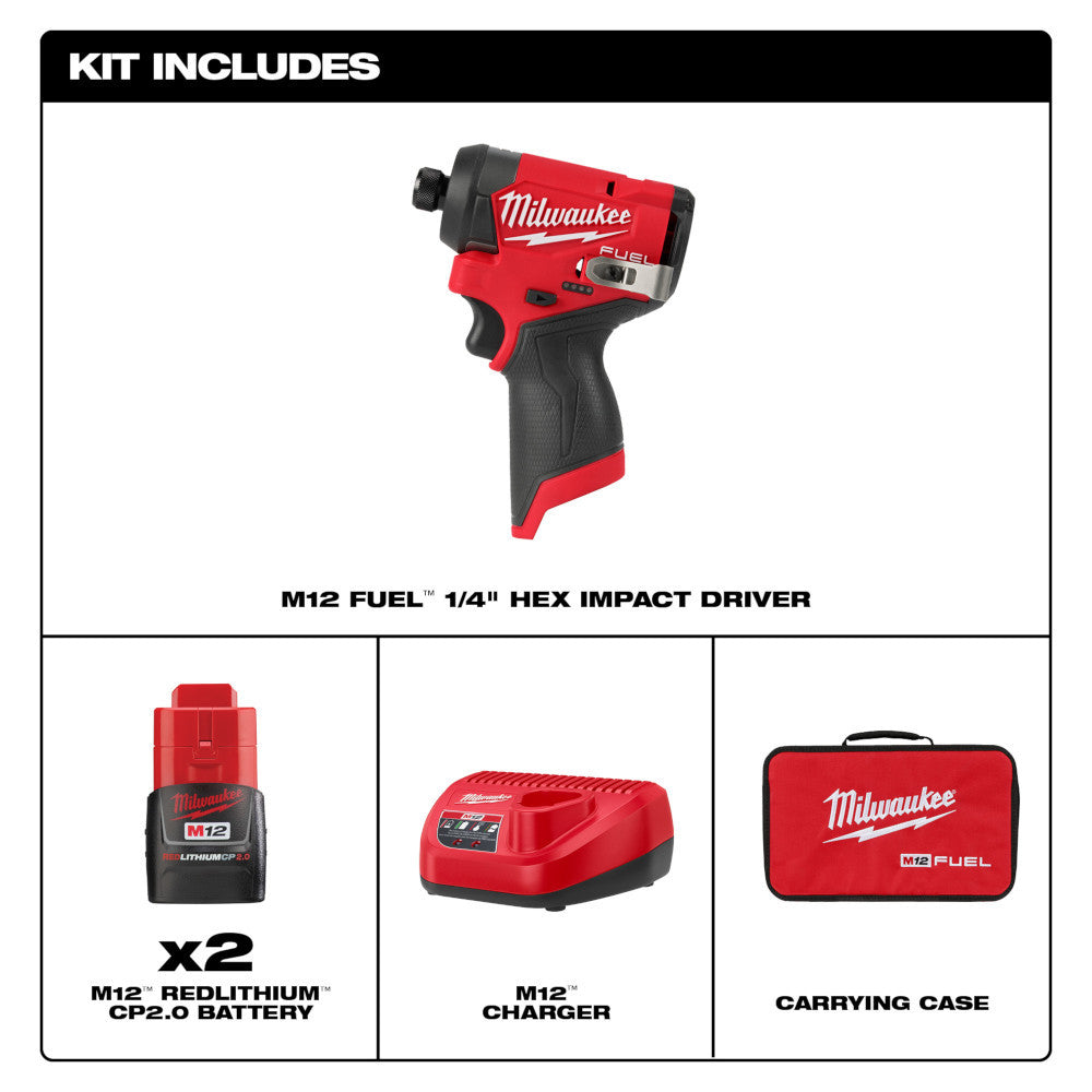 Milwaukee 3453-22 M12 FUEL Cordless Brushless 1/4in Hex Impact Driver Kit