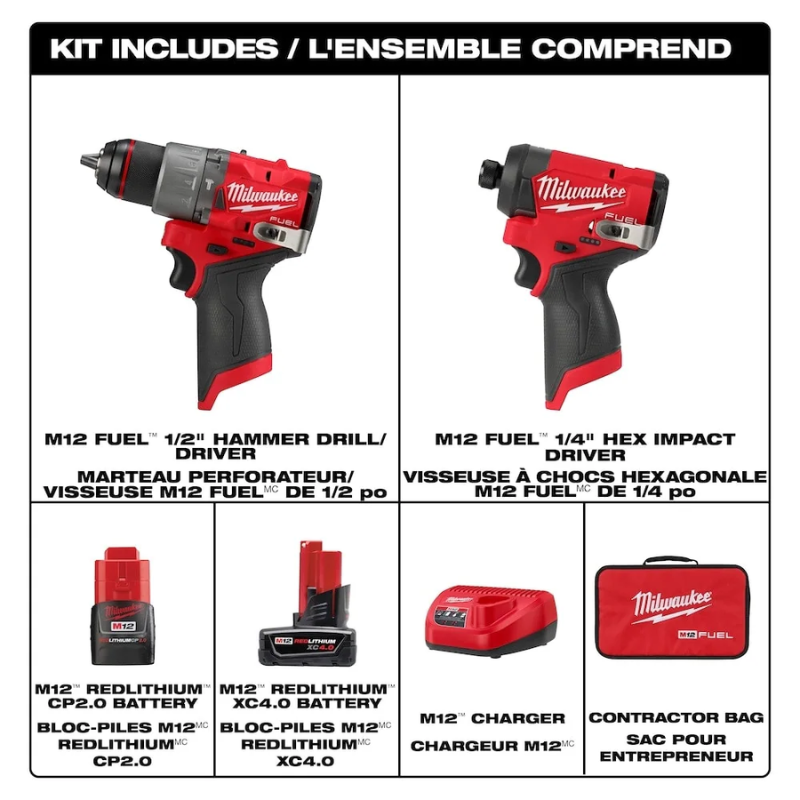 Milwaukee 3497-22 M12 FUEL 12V Li-Ion Brushless Next Generation Hammer Drill Impact Driver Combo Kit with (2) Batteries