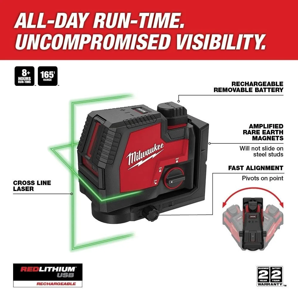 Milwaukee 3521-21 100 ft. REDLITHIUM Lithium-Ion USB Green Rechargeable Cross Line Laser Level with Charger