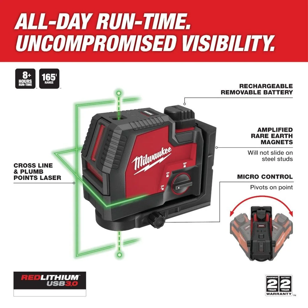 Milwaukee 3522-21 Green 100 ft. Cross Line and Plumb Points Rechargeable Laser Level with Lithium-Ion Battery