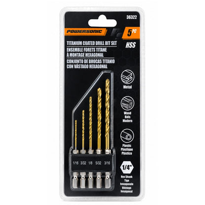 5 PC Titanium-Coated Hex Shank Drill Bit Set for Versatile Drilling