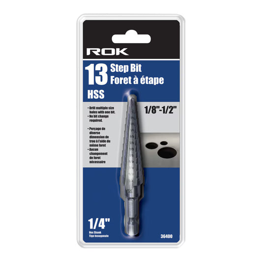 13-Step Drill Bit, 1/8"–1/2" High-Speed Steel Step Drill Bit