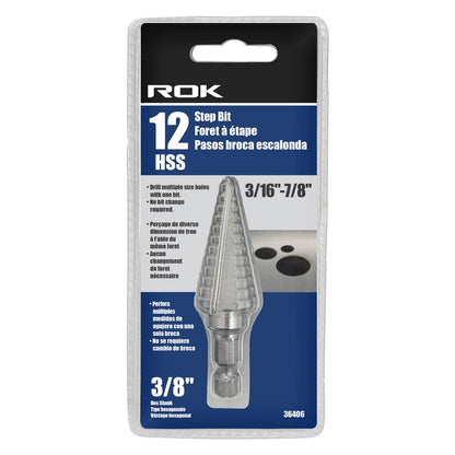 12-Step High-Speed Steel Step Drill Bit, 3/16"–7/8"
