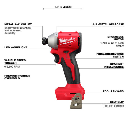 Milwaukee 3650-20 M18 Cordless Brushless Compact 1/4in Hex Impact Driver (Tool Only)