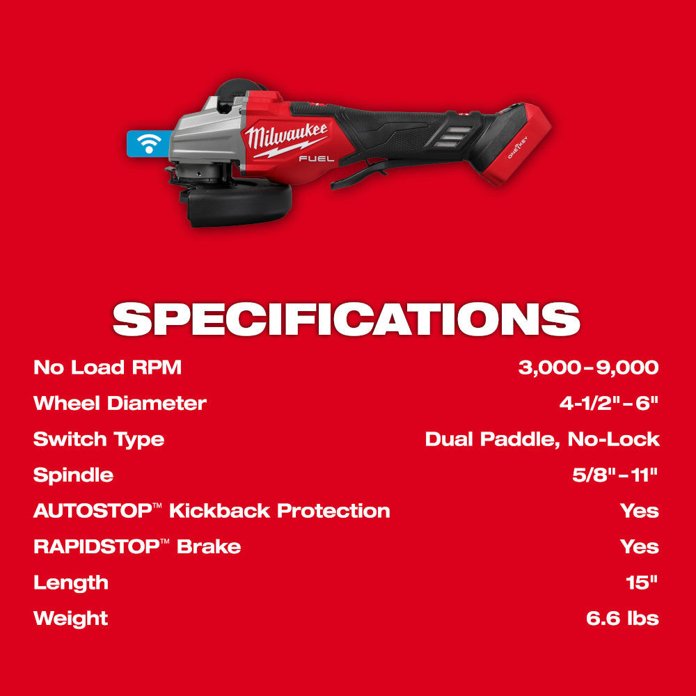 Milwaukee 3676-20 M18 FUEL Cordless Brushless 4-1/2in / 6in Braking Angle Grinder with Dual Trigger Paddle Switch (Tool Only)