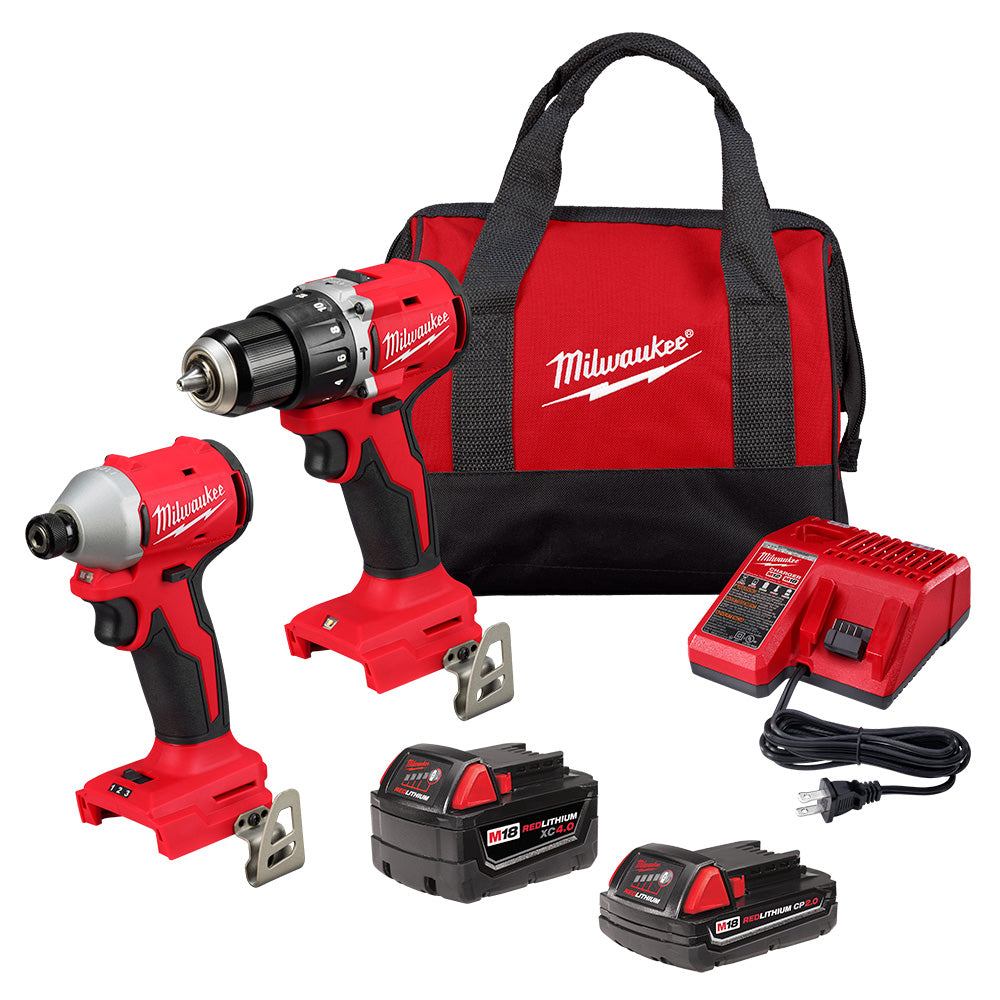 Milwaukee 3693-22CX M18 2-Tool Cordless Brushless Compact 1/2in Hammer Drill/Driver & 1/4in Hex 3-Speed Impact Driver Combo Kit