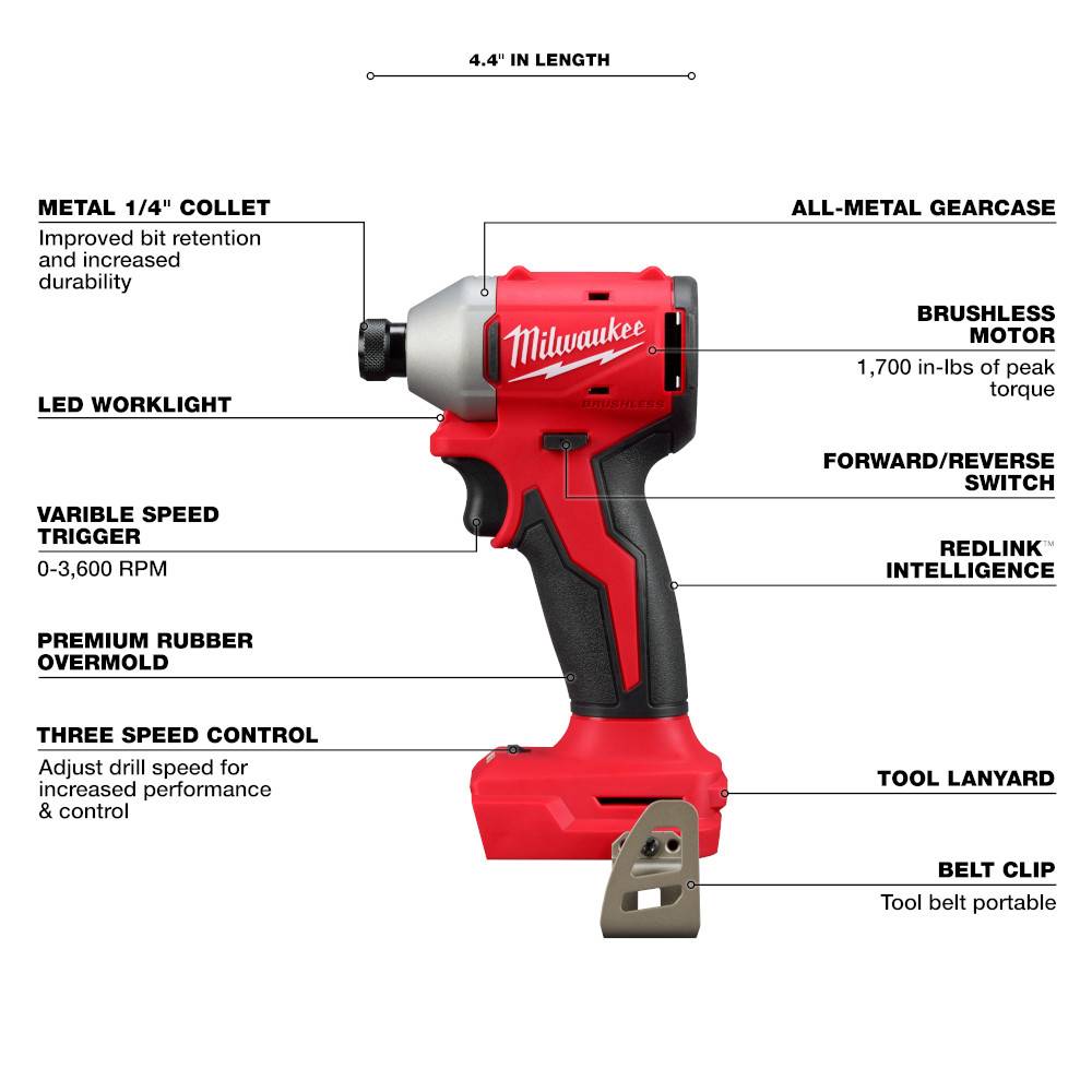 Milwaukee 3693-22CX M18 2-Tool Cordless Brushless Compact 1/2in Hammer Drill/Driver & 1/4in Hex 3-Speed Impact Driver Combo Kit