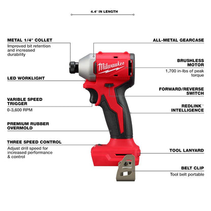Milwaukee 3693-22CX M18 2-Tool Cordless Brushless Compact 1/2in Hammer Drill/Driver & 1/4in Hex 3-Speed Impact Driver Combo Kit