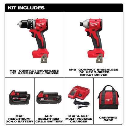Milwaukee 3693-22CX M18 2-Tool Cordless Brushless Compact 1/2in Hammer Drill/Driver & 1/4in Hex 3-Speed Impact Driver Combo Kit