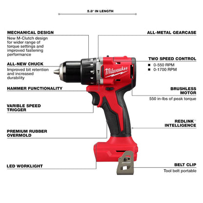 Milwaukee 3693-22CX M18 2-Tool Cordless Brushless Compact 1/2in Hammer Drill/Driver & 1/4in Hex 3-Speed Impact Driver Combo Kit