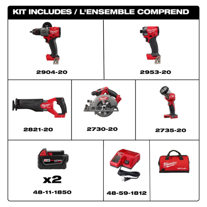 Milwaukee 3697-25 M18 FUEL 18V Lithium-Ion Brushless Cordless Combo Kit (5-Tool) with (2) 5.0 Ah Batteries