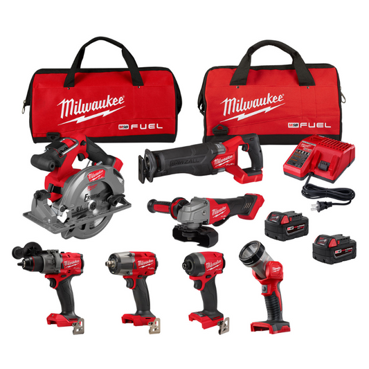 Milwaukee 3697-27 M18 FUEL 18V Lithium-Ion Brushless Cordless Combo Kit (7-Tool) w/ (2) 5.0 Ah Batteries, 2 Tool Bags