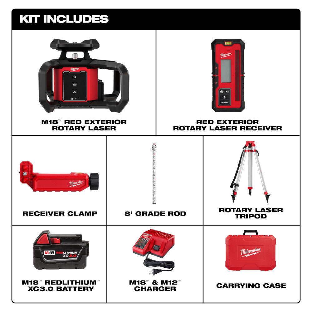 Milwaukee 3701-21T M18 Cordless 2000' Red Exterior Rotary Laser Level Kit with Receiver / Tripod / Grade Rod