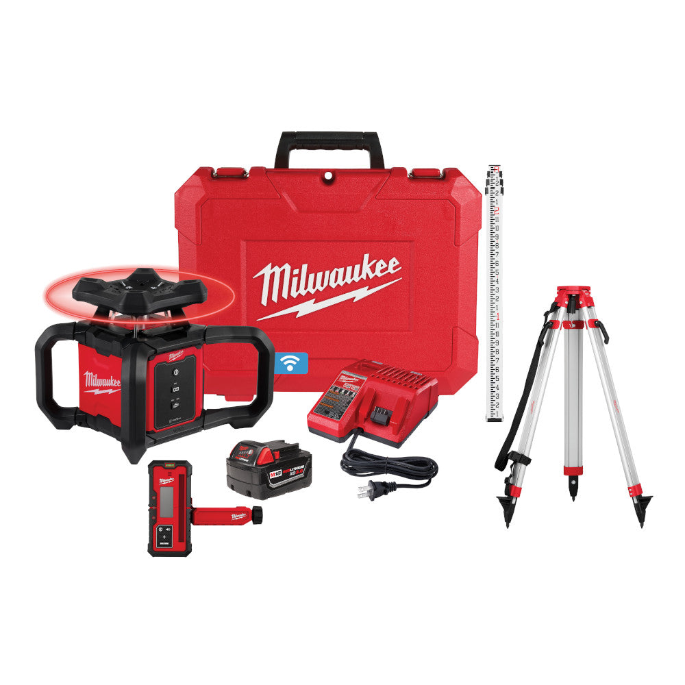 Milwaukee 3701-21T M18 Cordless 2000' Red Exterior Rotary Laser Level Kit with Receiver / Tripod / Grade Rod