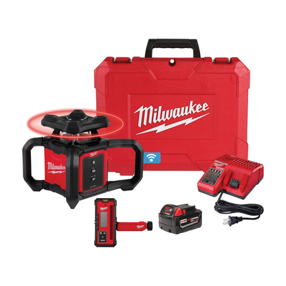 Milwaukee 3701-21 M18 18-Volt 2000 ft. Red Exterior Rotary Laser Level Kit with Receiver