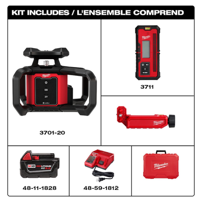 Milwaukee 3701-21 M18 18-Volt 2000 ft. Red Exterior Rotary Laser Level Kit with Receiver
