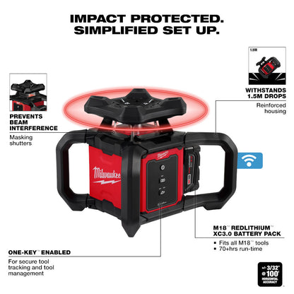 Milwaukee 3701-21T M18 Cordless 2000' Red Exterior Rotary Laser Level Kit with Receiver / Tripod / Grade Rod