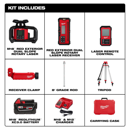 Milwaukee 3704-21T M18 Cordless 4000' Red Exterior Dual Slope Rotary Laser Level Kit with Receiver / Remote / Tripod / Grade Rod
