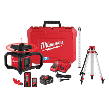 Milwaukee 3704-21T M18 Cordless 4000' Red Exterior Dual Slope Rotary Laser Level Kit with Receiver / Remote / Tripod / Grade Rod
