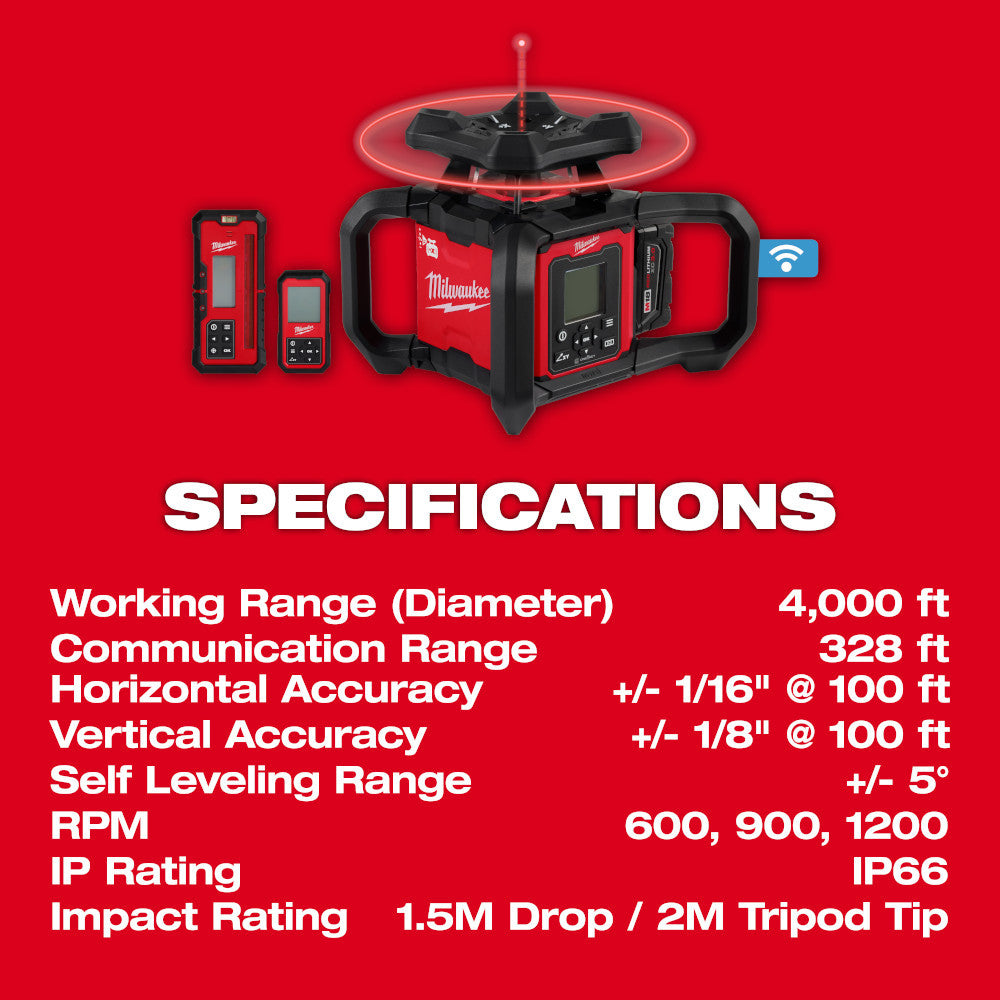 Milwaukee 3704-21T M18 Cordless 4000' Red Exterior Dual Slope Rotary Laser Level Kit with Receiver / Remote / Tripod / Grade Rod