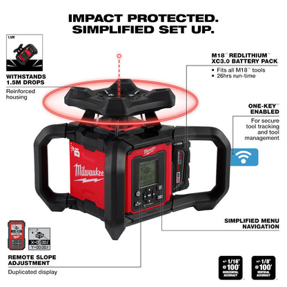 Milwaukee 3704-21T M18 Cordless 4000' Red Exterior Dual Slope Rotary Laser Level Kit with Receiver / Remote / Tripod / Grade Rod
