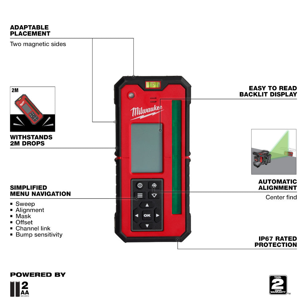 Milwaukee 3701-21T M18 Cordless 2000' Red Exterior Rotary Laser Level Kit with Receiver / Tripod / Grade Rod