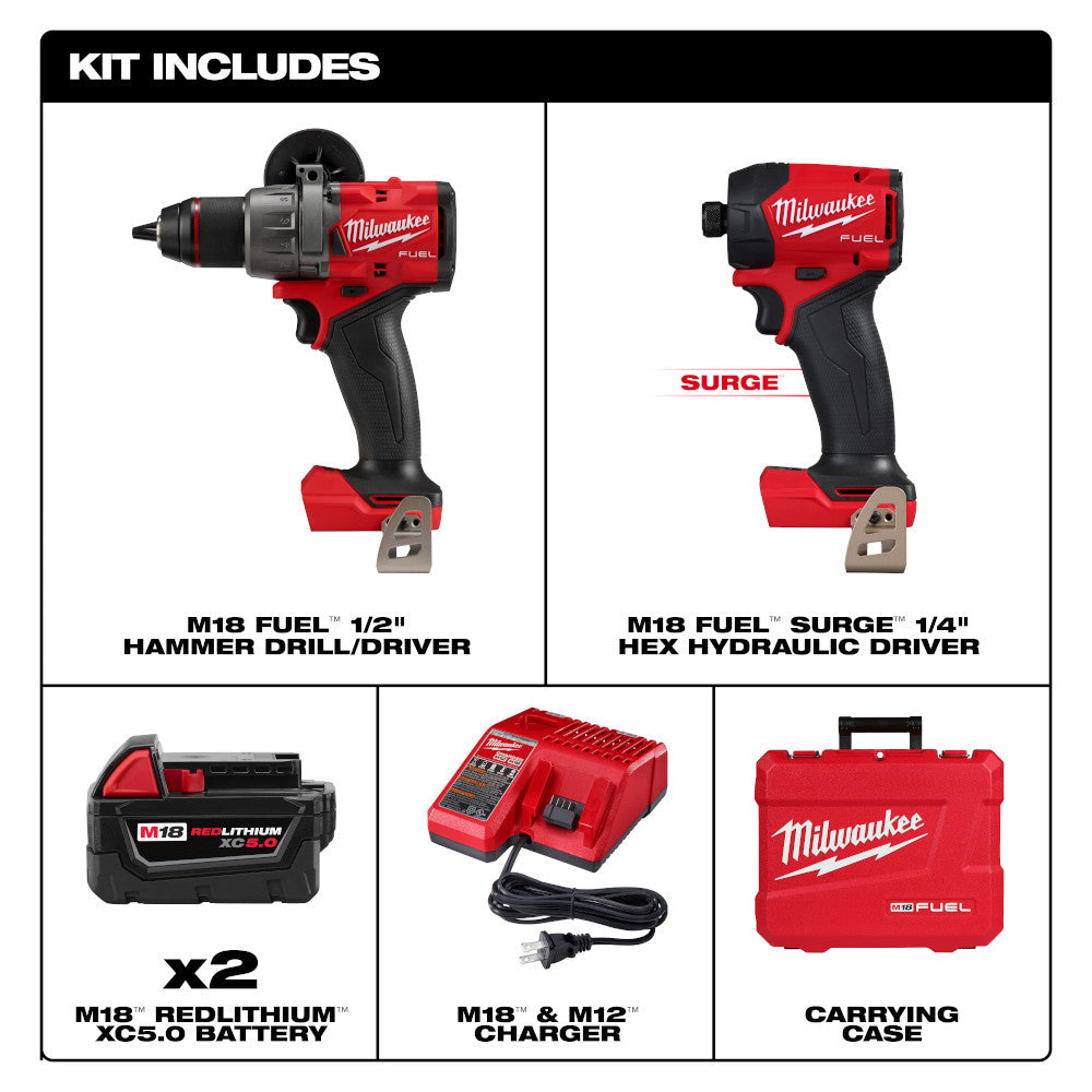 Milwaukee 3799-22 M18 FUEL 2-Tool Cordless Brushless SURGE 1/4in Hex Hydraulic Driver & 1/2in Hammer Drill/Driver Kit