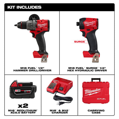 Milwaukee 3799-22 M18 FUEL 2-Tool Cordless Brushless SURGE 1/4in Hex Hydraulic Driver & 1/2in Hammer Drill/Driver Kit
