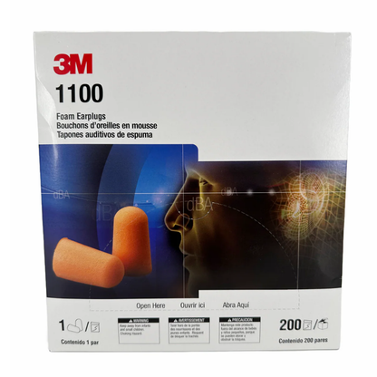 Front view of the official red and white 3M 1100 uncorded foam earplugs dispenser box containing 200 pairs.