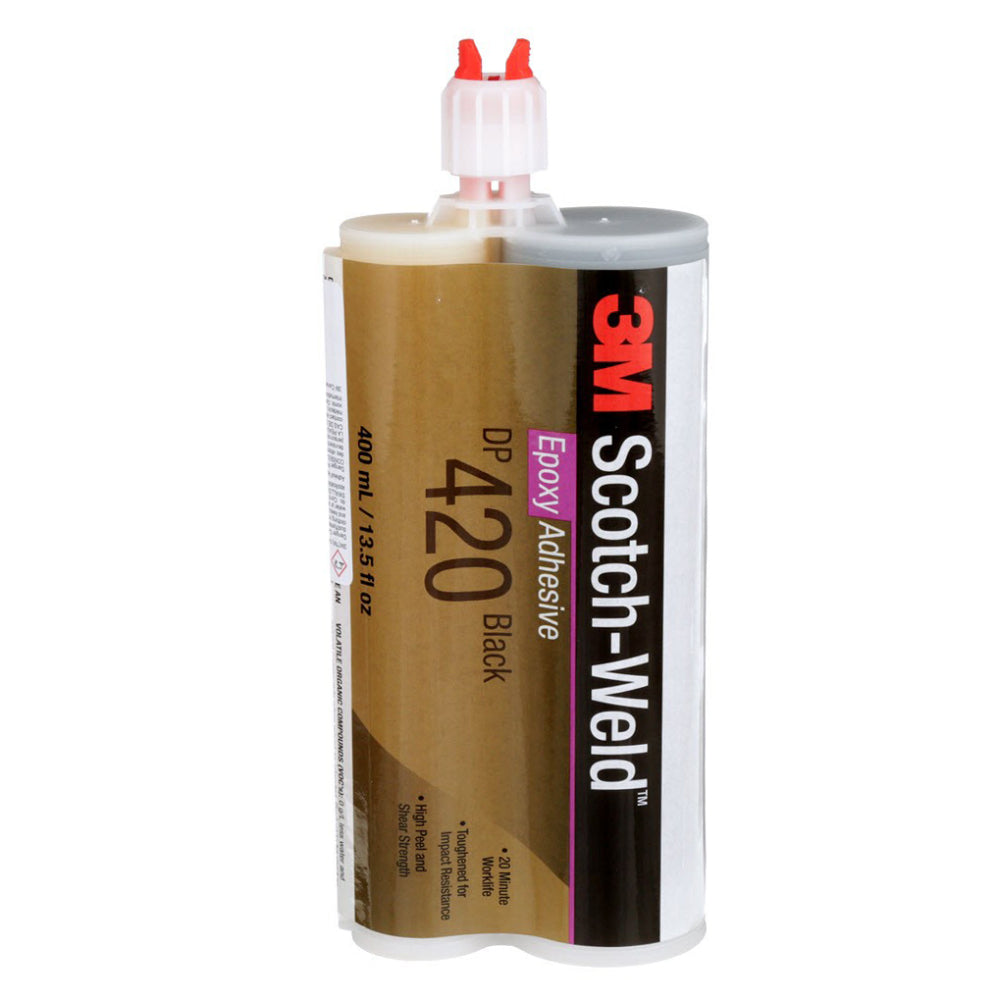 3M Scotch-Weld DP420 Black structural epoxy adhesive 400ml Duo-Pak cartridge featuring a 20-minute worklife.