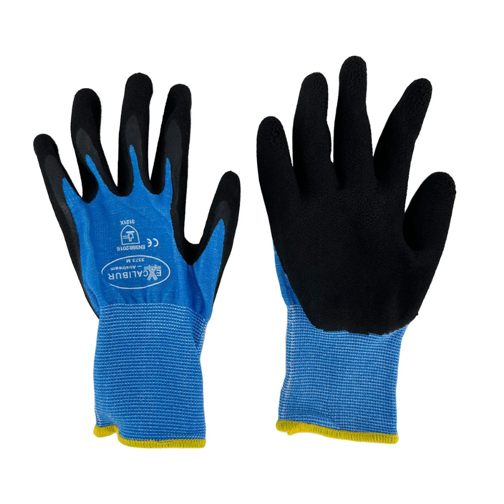 Airstream Black Foam Latex Coated Work Gloves | 13 Gauge Blue Knit Safety Gloves