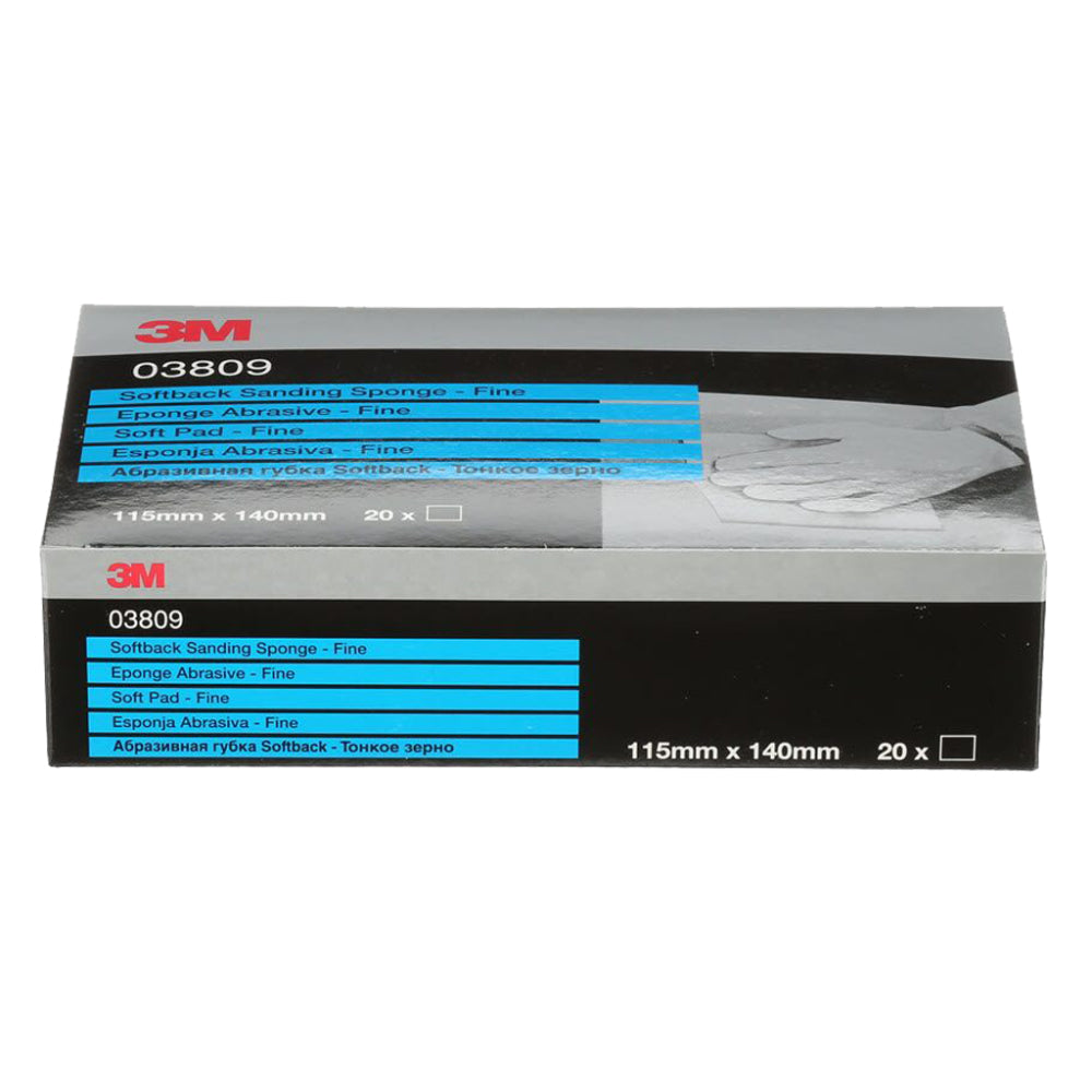 3M 03809 softback sanding sponge fine grade in black and blue retail box of 20 pads sized 115mm x 140mm for contour sanding and finishing on curved surfaces paint and filler
