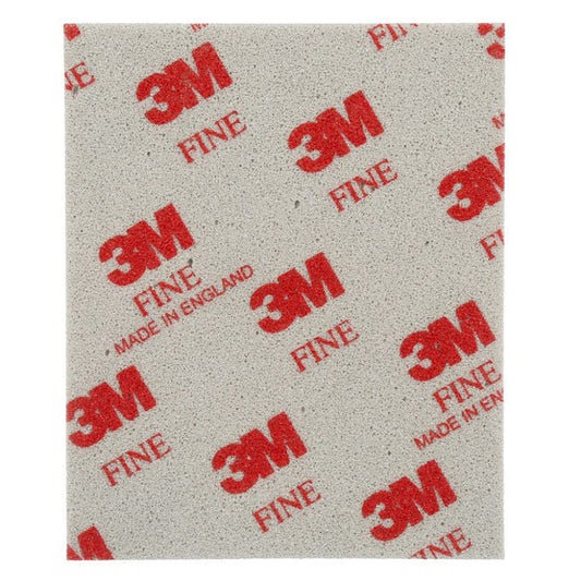 Single 3M 03809 fine grade softback sanding sponge 115mm x 140mm showing grey foam abrasive face with red 3M Fine branding made in England for flexible contour sanding on paint primer and filler