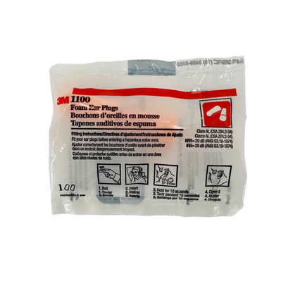 Side view of the 3M 1100 earplugs cardboard dispenser carton displaying compliance logos and manufacturing origins.