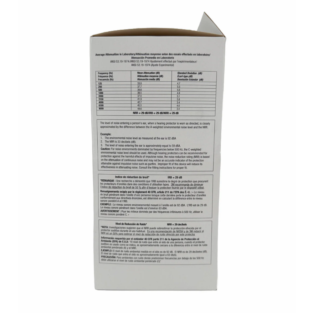 Side view of the 3M 1100 earplugs cardboard dispenser carton displaying compliance logos and manufacturing origins.