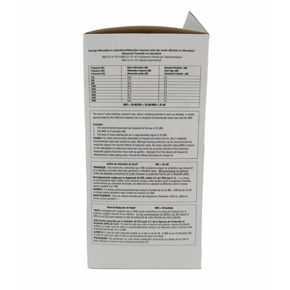 Side view of the 3M 1100 earplugs cardboard dispenser carton displaying compliance logos and manufacturing origins.