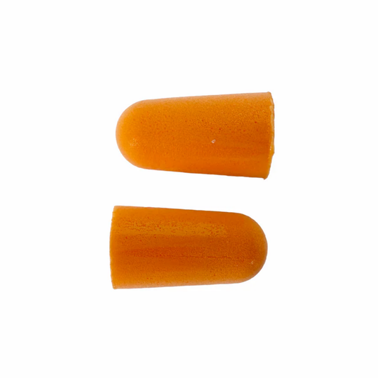 A loose pair of bright orange 3M 1100 uncorded earplugs highlighting the bullet-shaped tapered design and smooth exterior texture.